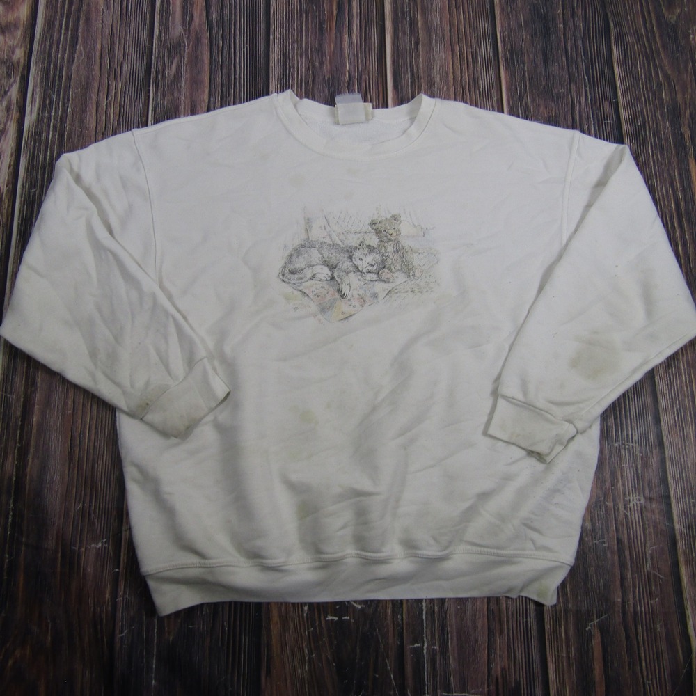 Northern Reflections Sweatshirt Men XL White Vintage Cat Teddy Bear Graphic